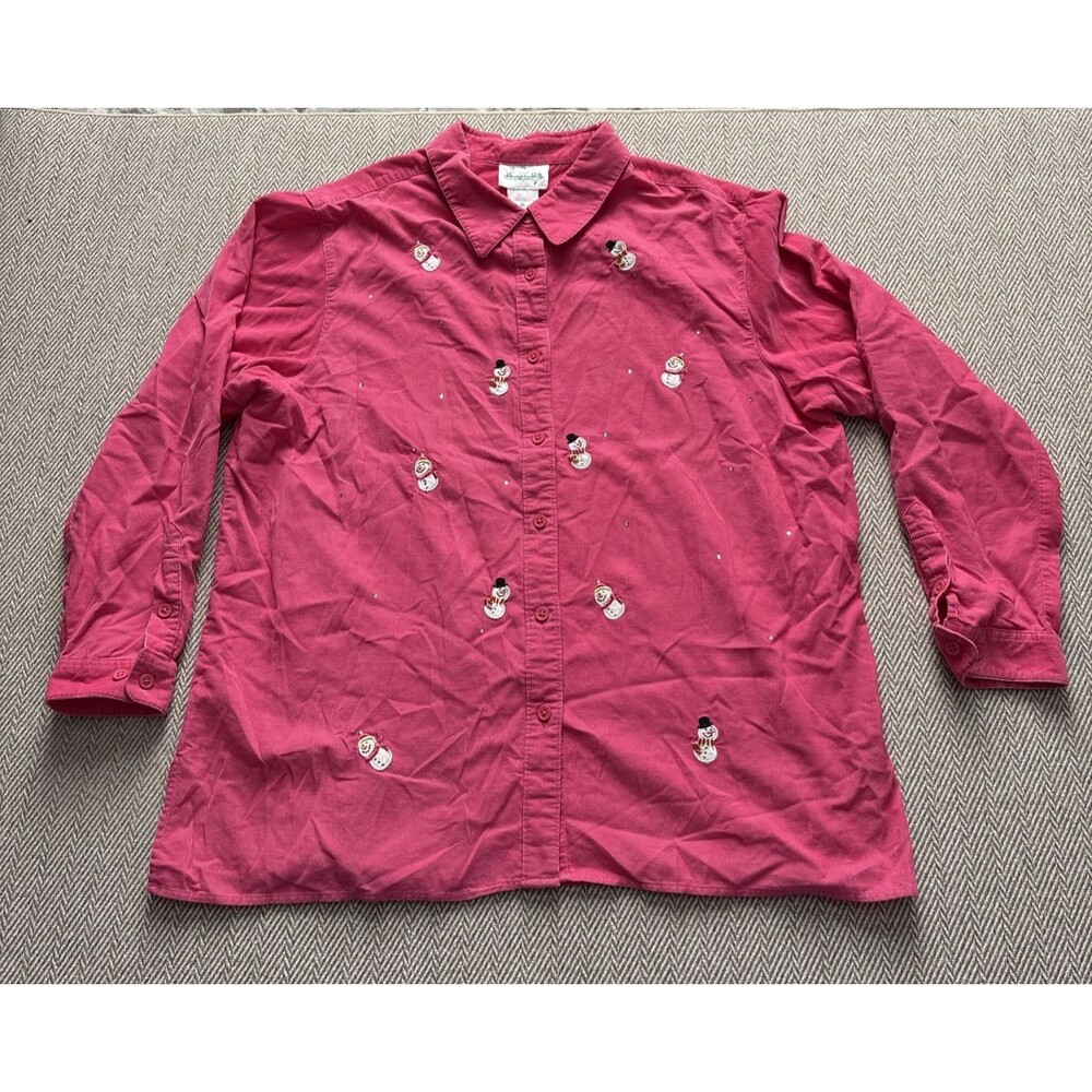 Quacker‎ Factory Pink Corduroy Snowman Embroidered  Button Up Shirt  Sz XL